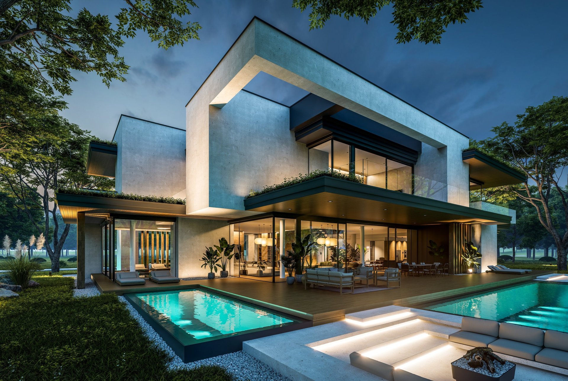 Luxury two-story house with pool and beautiful landscaping under a starry night sky